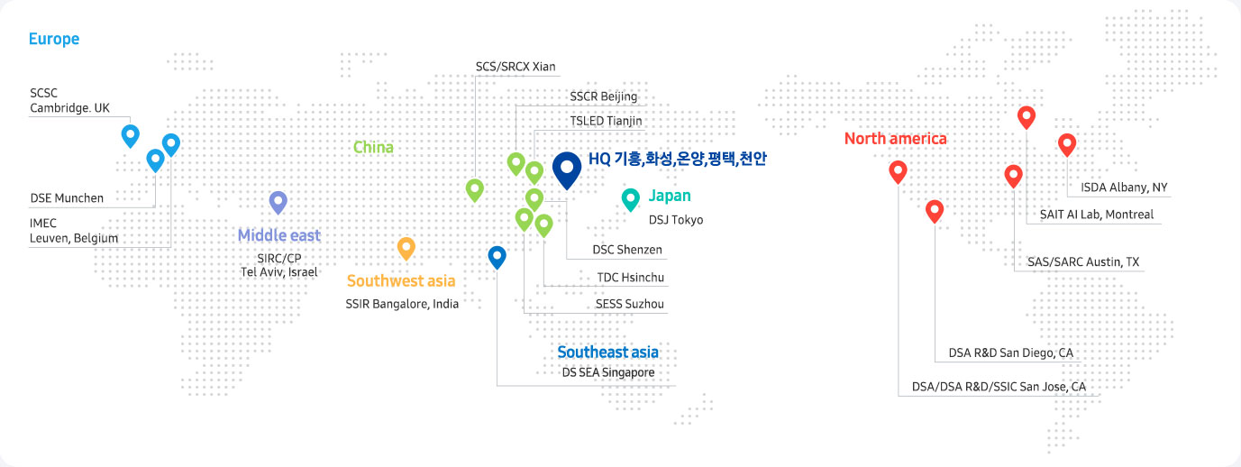 세계 각지에 건설된 삼성전자 DS부문 사업장의 위치가 세계지도에 표기되어 있습니다. 한국 5개, 유럽 3개, 중동 1개, 동남아시아 1개, 서남아시아 1개, 중국 6개, 일본 1개, 북미 5개 사업장이 보여집니다.